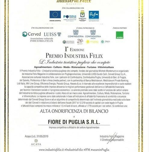 ​Fiore di Puglia vince il premio Industria Felix per «nuove assunzioni e fatturato»