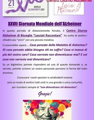 ​Il 21 settembre anche a Bisceglie si celebra la XXVII Giornata Mondiale dell’Alzheimer